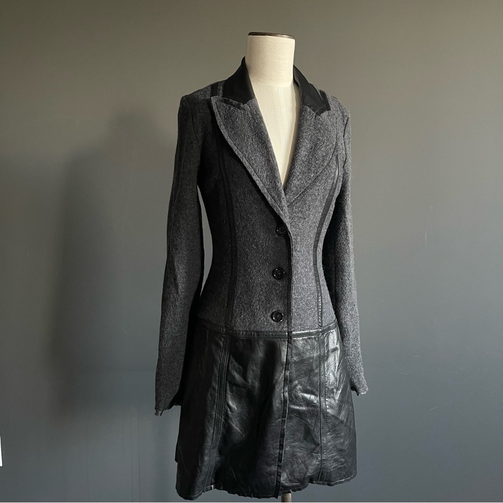 Illia Mixed Media Silk, Wool & Leather Tailored Coat | Made in USA | Size 6